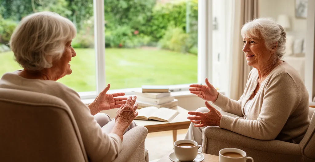 Deux femmes seniors discutant dans un salon lumineux avec vue sur jardin