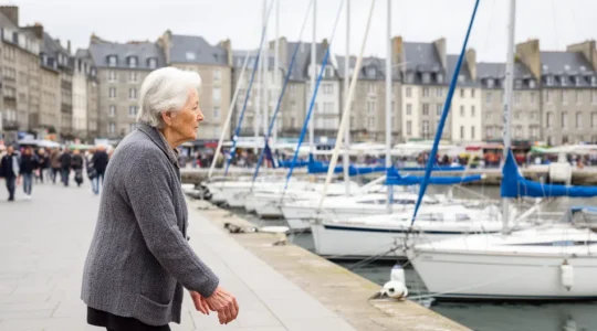 Femme senior marchant le long de la rade de Brest face aux voiliers