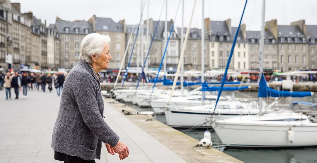 Femme senior marchant le long de la rade de Brest face aux voiliers